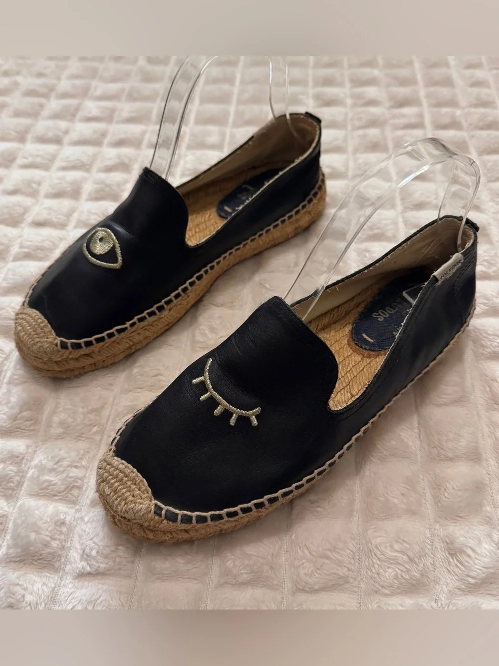 Soludos x Jason Polan 7.5 Eye Wink Black Leather Espadrille Flats Shoes